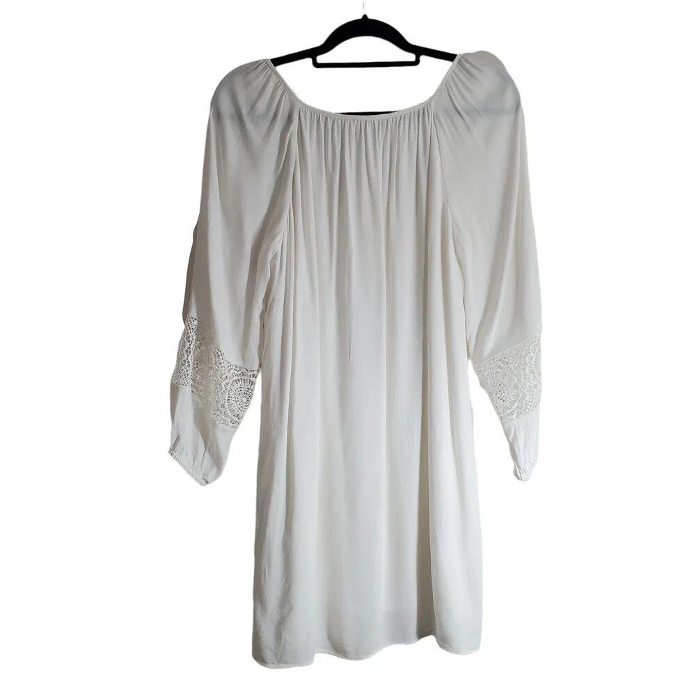 S Joie Square Neck White Peasant Dress Crochet Lace Trim Long Sleeve Mini Short